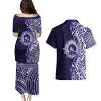 Tonga Queen Salote College 100th Years Couples Matching Puletasi and Hawaiian Shirt Blue Tonga Kupesi Uniquely Pacific Art - Polynesian Pride