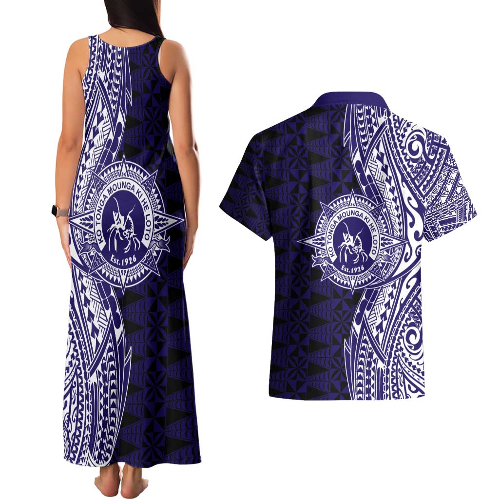 Tonga Queen Salote College 100th Years Couples Matching Tank Maxi Dress and Hawaiian Shirt Blue Tonga Kupesi Uniquely Pacific Art - Polynesian Pride