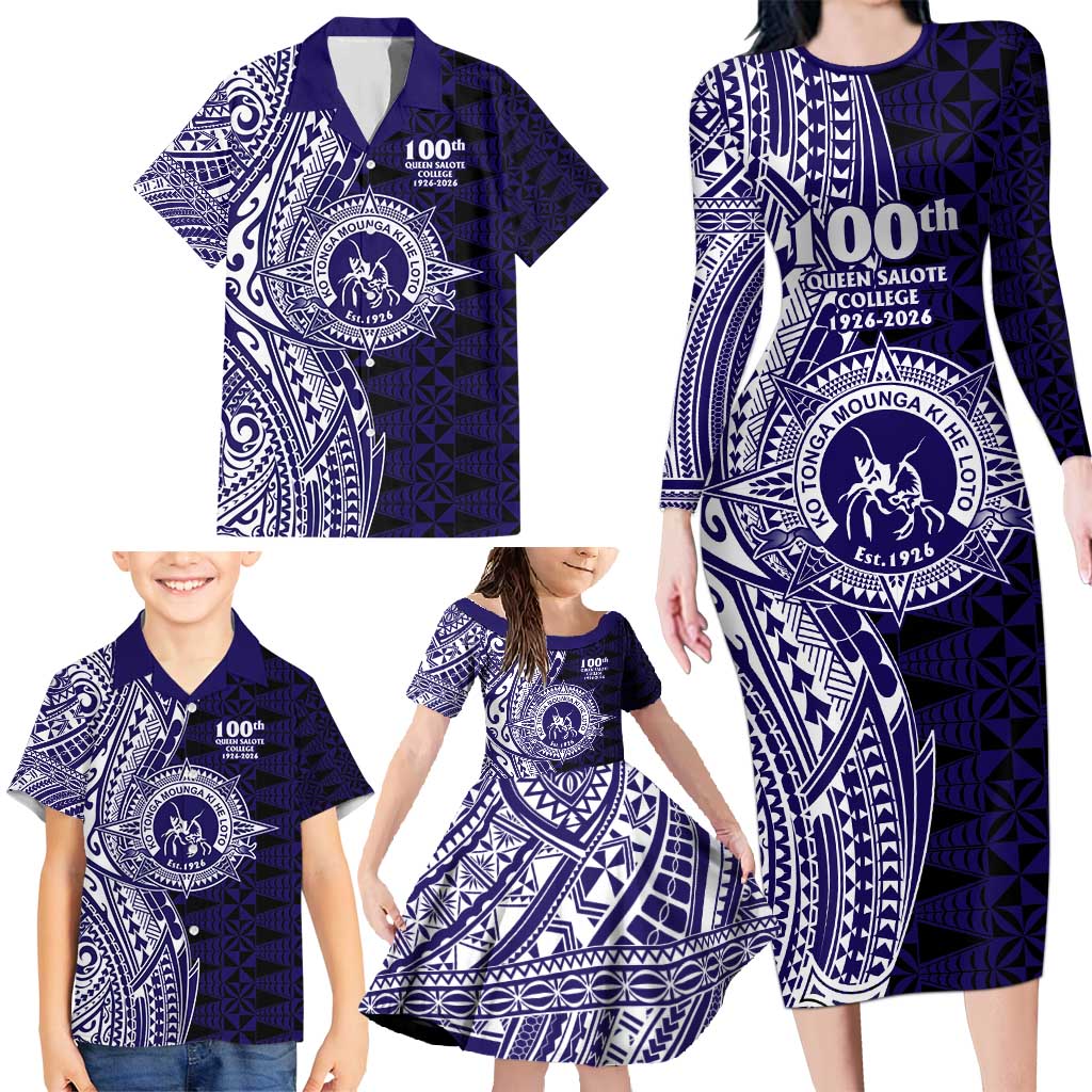 Tonga Queen Salote College 100th Years Family Matching Long Sleeve Bodycon Dress and Hawaiian Shirt Blue Tonga Kupesi Uniquely Pacific Art LT9 - Polynesian Pride