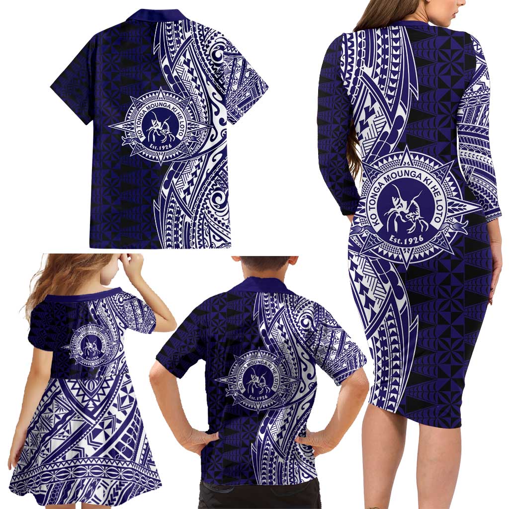 Tonga Queen Salote College 100th Years Family Matching Long Sleeve Bodycon Dress and Hawaiian Shirt Blue Tonga Kupesi Uniquely Pacific Art LT9 - Polynesian Pride
