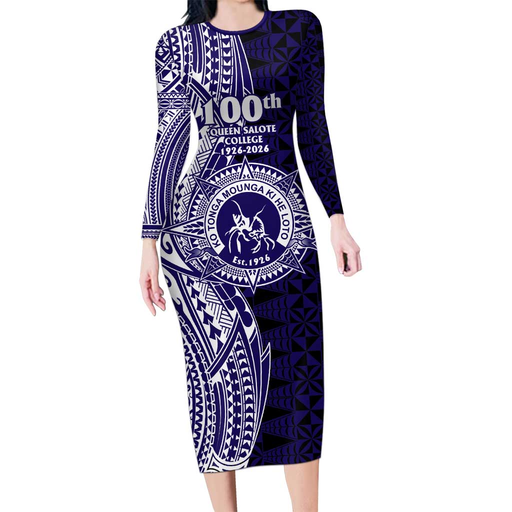 Tonga Queen Salote College 100th Years Family Matching Long Sleeve Bodycon Dress and Hawaiian Shirt Blue Tonga Kupesi Uniquely Pacific Art LT9 Mom's Dress Blue - Polynesian Pride