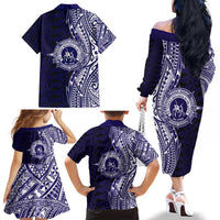 Tonga Queen Salote College 100th Years Family Matching Off The Shoulder Long Sleeve Dress and Hawaiian Shirt Blue Tonga Kupesi Uniquely Pacific Art - Polynesian Pride