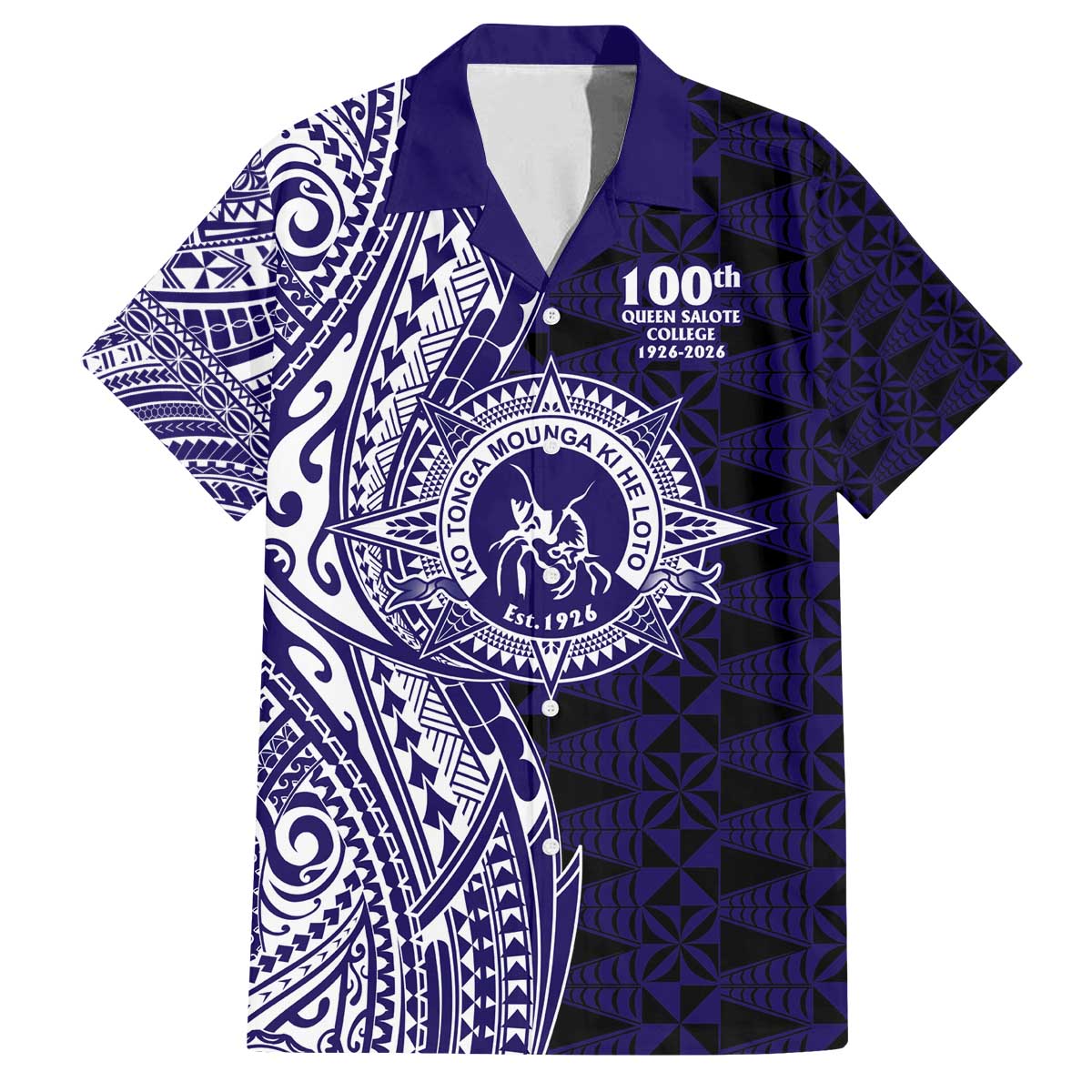 Tonga Queen Salote College 100th Years Family Matching Off The Shoulder Long Sleeve Dress and Hawaiian Shirt Blue Tonga Kupesi Uniquely Pacific Art - Polynesian Pride