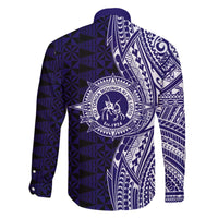 Tonga Queen Salote College 100th Years Family Matching Off The Shoulder Long Sleeve Dress and Hawaiian Shirt Blue Tonga Kupesi Uniquely Pacific Art - Polynesian Pride