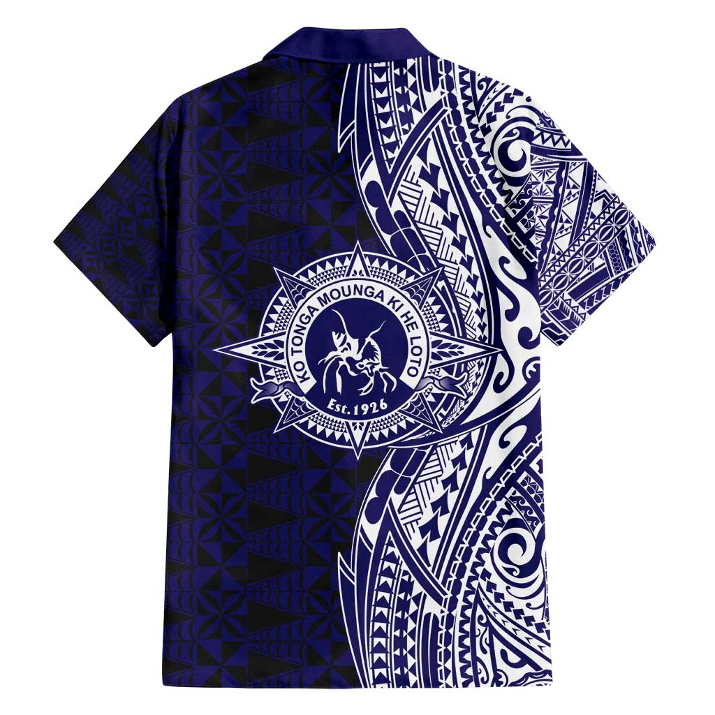 Tonga Queen Salote College 100th Years Family Matching Off Shoulder Short Dress and Hawaiian Shirt Blue Tonga Kupesi Uniquely Pacific Art - Polynesian Pride