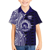 Tonga Queen Salote College 100th Years Family Matching Off Shoulder Short Dress and Hawaiian Shirt Blue Tonga Kupesi Uniquely Pacific Art - Polynesian Pride