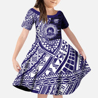 Tonga Queen Salote College 100th Years Family Matching Short Sleeve Bodycon Dress and Hawaiian Shirt Blue Tonga Kupesi Uniquely Pacific Art LT9 Daughter's Dress Blue - Polynesian Pride