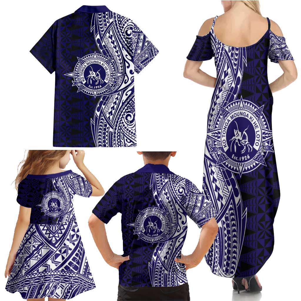 Tonga Queen Salote College 100th Years Family Matching Summer Maxi Dress and Hawaiian Shirt Blue Tonga Kupesi Uniquely Pacific Art - Polynesian Pride
