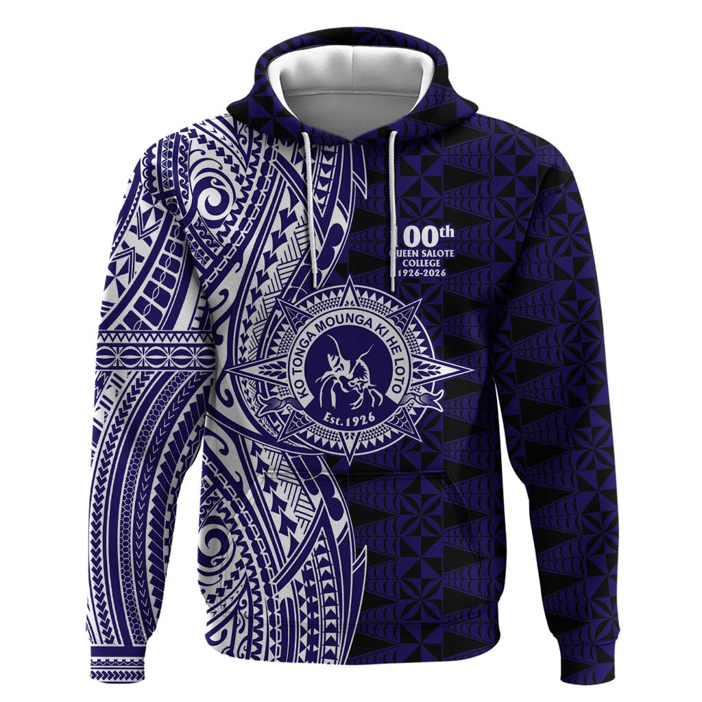 Tonga Queen Salote College 100th Years Hoodie Blue Tonga Kupesi Uniquely Pacific Art - Polynesian Pride