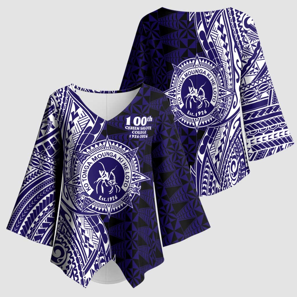 Tonga Queen Salote College 100th Years Kimono Sleeve Blouse Blue Tonga Kupesi Uniquely Pacific Art - Polynesian Pride