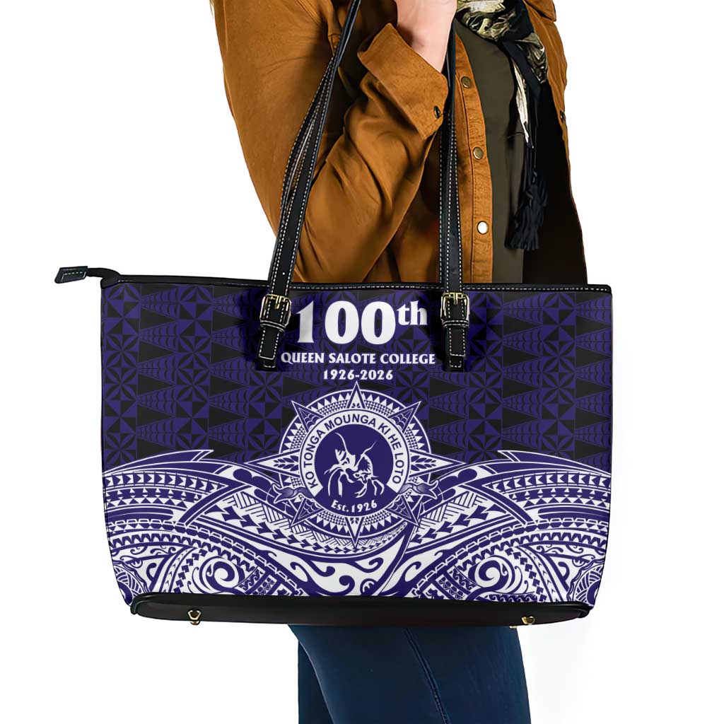 Tonga Queen Salote College 100th Years Leather Tote Bag Blue Tonga Kupesi Uniquely Pacific Art LT9 - Polynesian Pride