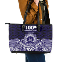 Tonga Queen Salote College 100th Years Leather Tote Bag Blue Tonga Kupesi Uniquely Pacific Art LT9 - Polynesian Pride