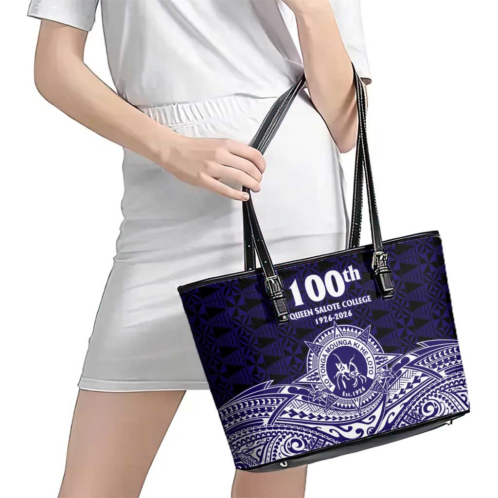 Tonga Queen Salote College 100th Years Leather Tote Bag Blue Tonga Kupesi Uniquely Pacific Art LT9 - Polynesian Pride