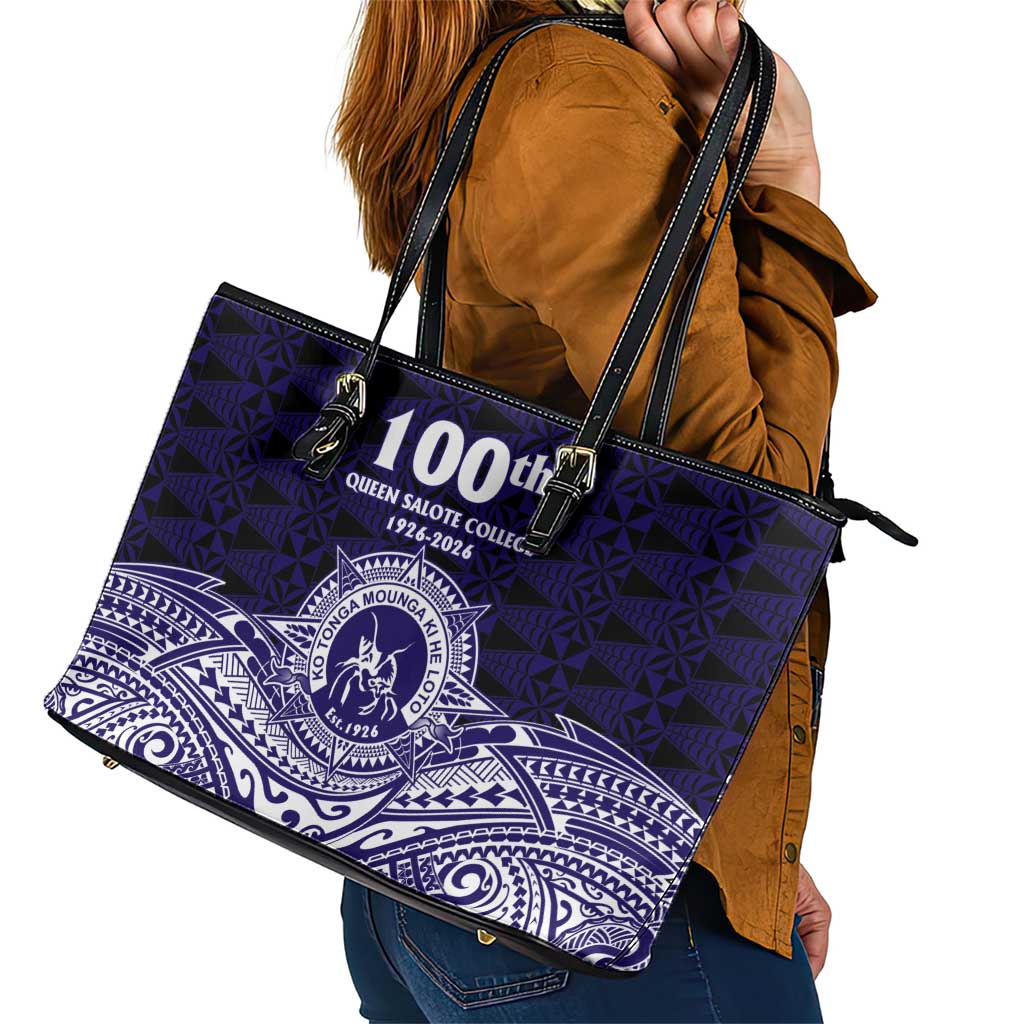 Tonga Queen Salote College 100th Years Leather Tote Bag Blue Tonga Kupesi Uniquely Pacific Art LT9 - Polynesian Pride