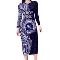 Tonga Queen Salote College 100th Years Long Sleeve Bodycon Dress Blue Tonga Kupesi Uniquely Pacific Art LT9 Long Dress Blue - Polynesian Pride