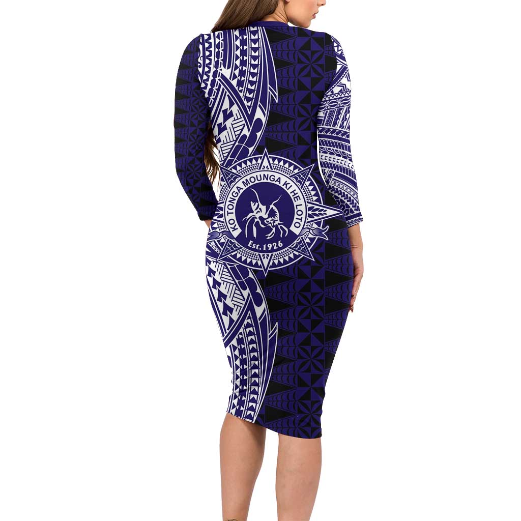 Tonga Queen Salote College 100th Years Long Sleeve Bodycon Dress Blue Tonga Kupesi Uniquely Pacific Art LT9 - Polynesian Pride