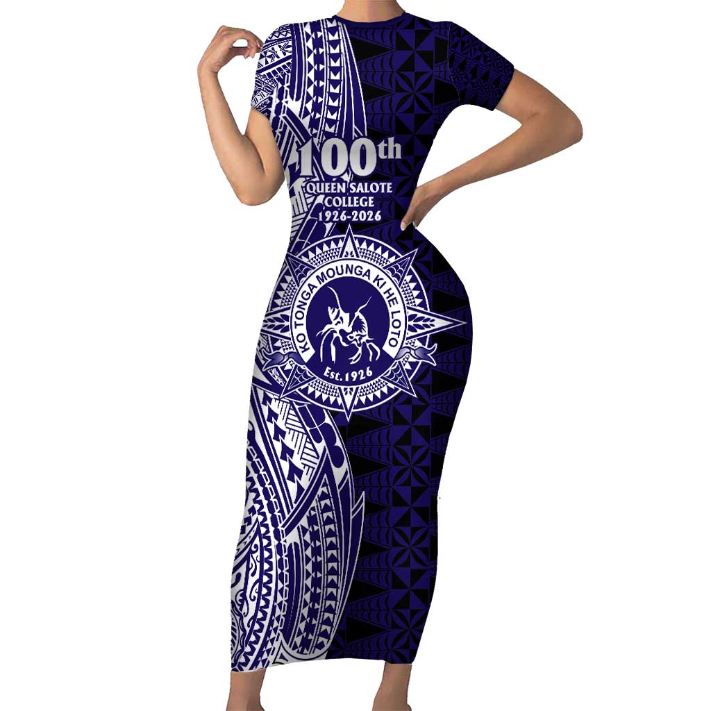 Tonga Queen Salote College 100th Years Short Sleeve Bodycon Dress Blue Tonga Kupesi Uniquely Pacific Art LT9 Long Dress Blue - Polynesian Pride