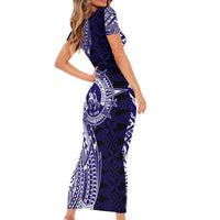 Tonga Queen Salote College 100th Years Short Sleeve Bodycon Dress Blue Tonga Kupesi Uniquely Pacific Art LT9 - Polynesian Pride