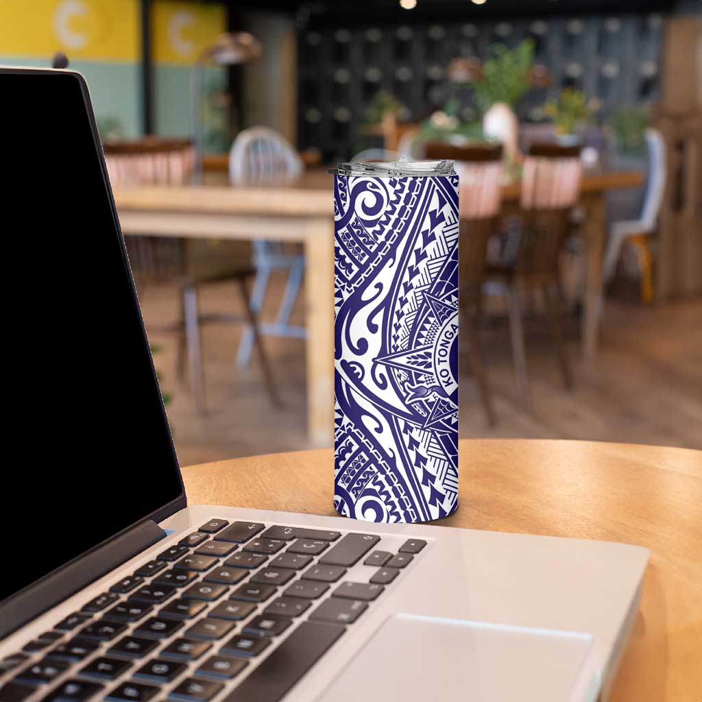 Tonga Queen Salote College 100th Years Skinny Tumbler Blue Tonga Kupesi Uniquely Pacific Art - Polynesian Pride