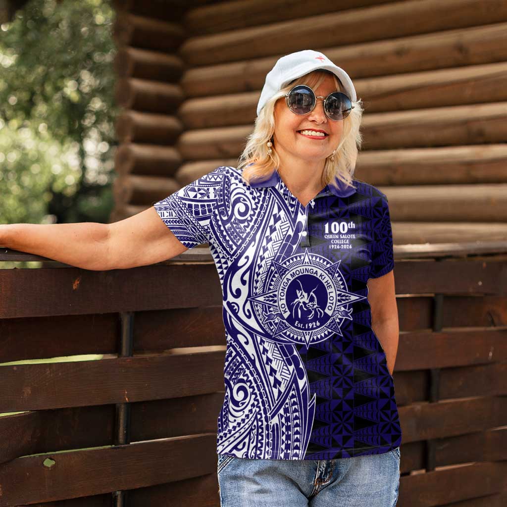 Tonga Queen Salote College 100th Years Women Polo Shirt Blue Tonga Kupesi Uniquely Pacific Art LT9 - Polynesian Pride