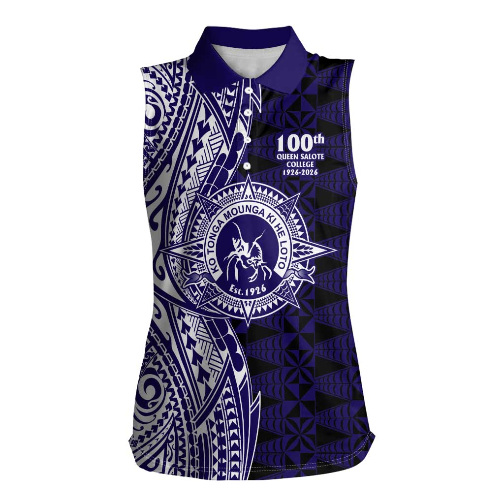 Tonga Queen Salote College 100th Years Women Sleeveless Polo Shirt Blue Tonga Kupesi Uniquely Pacific Art - Polynesian Pride