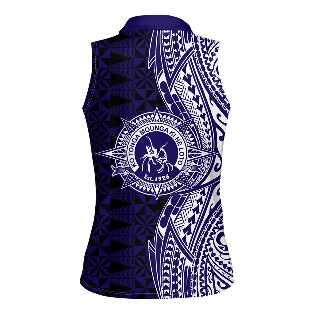 Tonga Queen Salote College 100th Years Women Sleeveless Polo Shirt Blue Tonga Kupesi Uniquely Pacific Art LT9 - Polynesian Pride