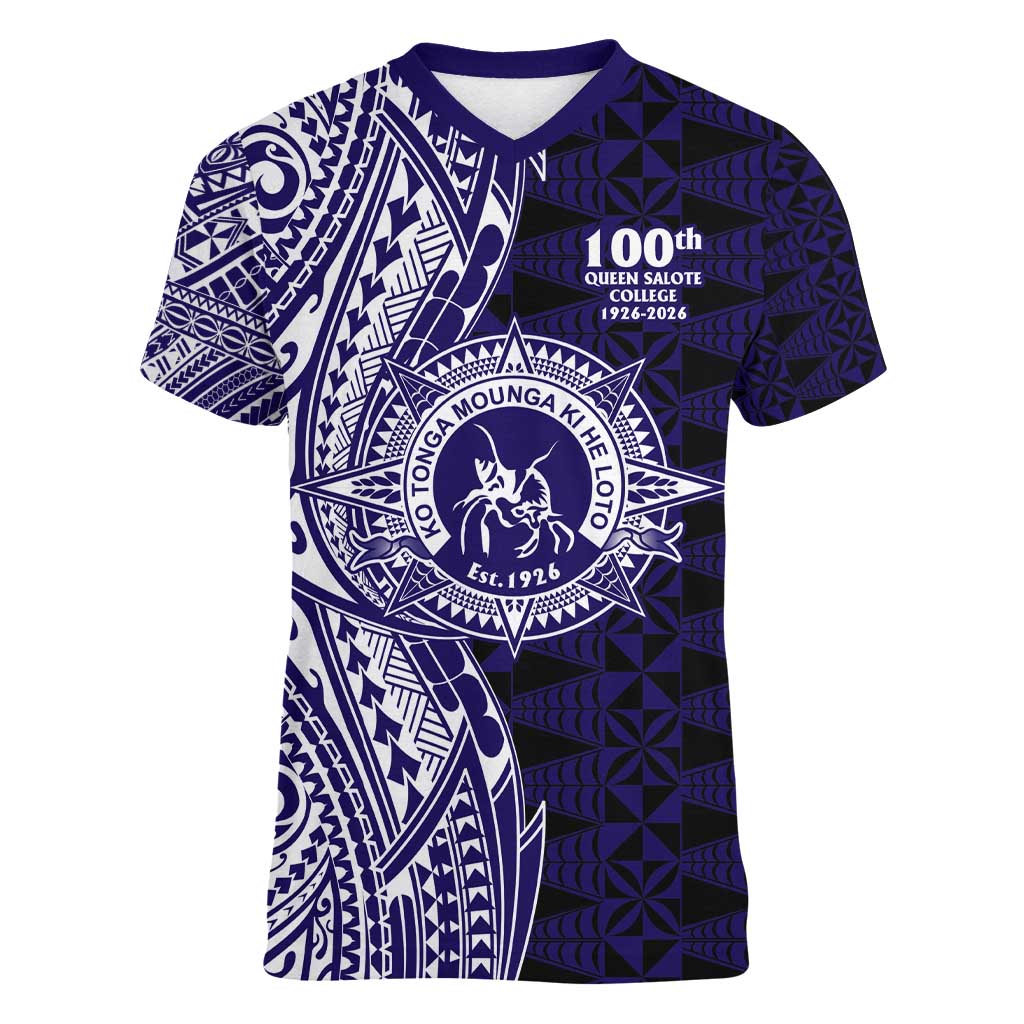Tonga Queen Salote College 100th Years Women V-Neck T-Shirt Blue Tonga Kupesi Uniquely Pacific Art LT9 Female Blue - Polynesian Pride