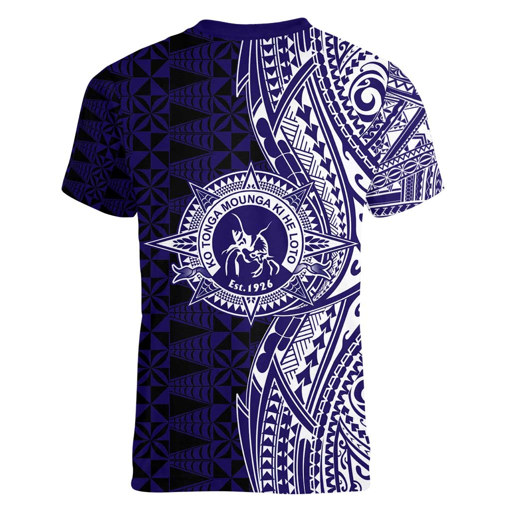 Tonga Queen Salote College 100th Years Women V-Neck T-Shirt Blue Tonga Kupesi Uniquely Pacific Art LT9 - Polynesian Pride