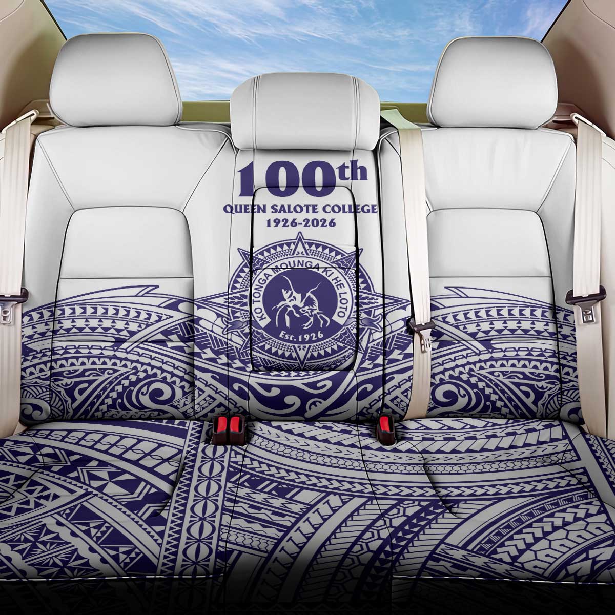 Tonga Queen Salote College 100th Years Back Car Seat Cover White Tonga Kupesi Uniquely Pacific Art - Polynesian Pride