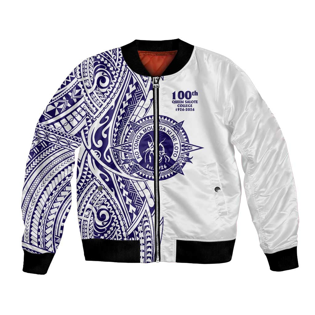 Tonga Queen Salote College 100th Years Bomber Jacket White Tonga Kupesi Uniquely Pacific Art - Polynesian Pride