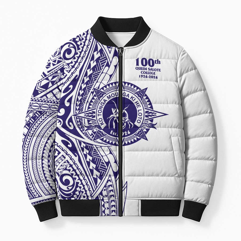 Tonga Queen Salote College 100th Years Bomber Puffer Jacket White Tonga Kupesi Uniquely Pacific Art LT9 Unisex White - Polynesian Pride