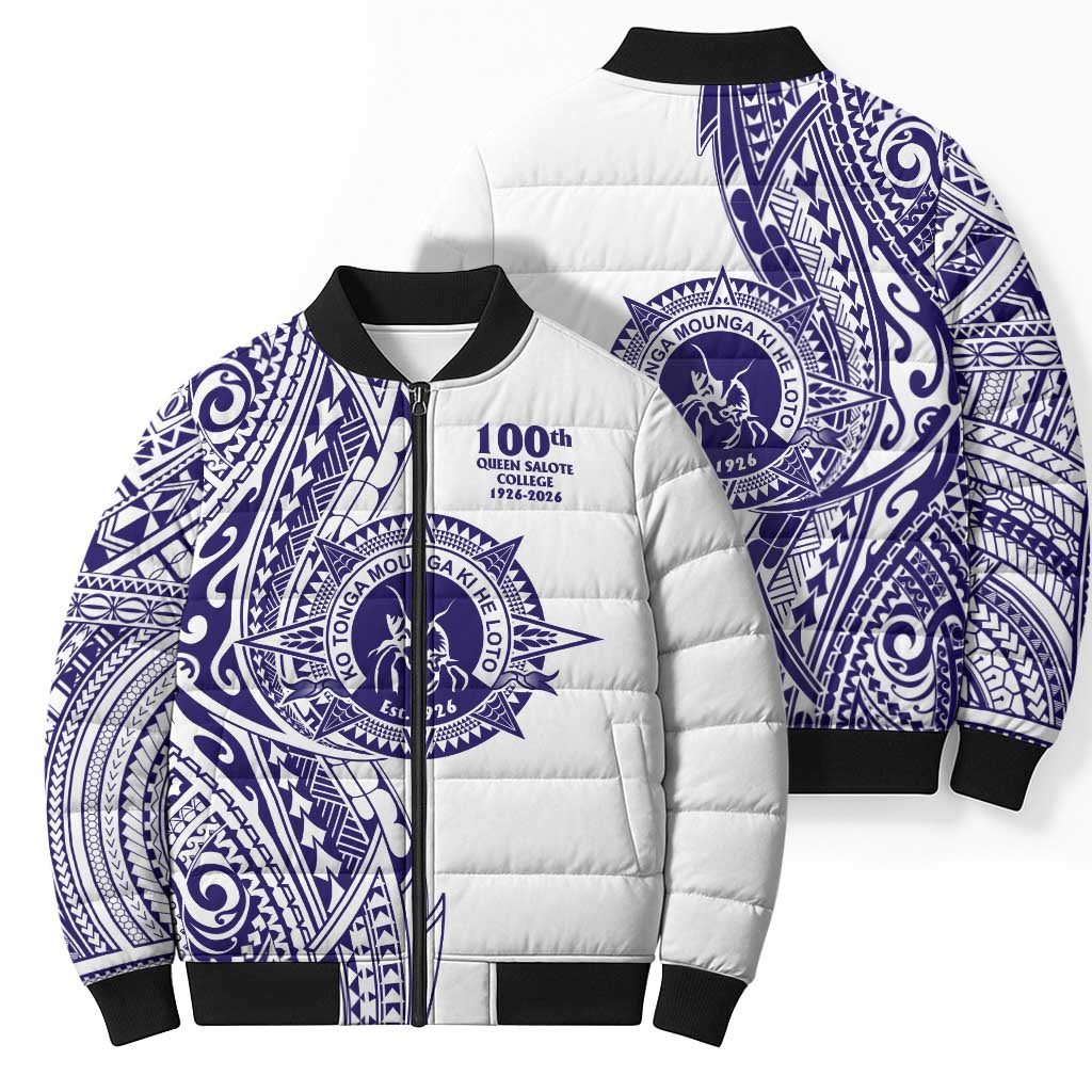 Tonga Queen Salote College 100th Years Bomber Puffer Jacket White Tonga Kupesi Uniquely Pacific Art LT9 - Polynesian Pride