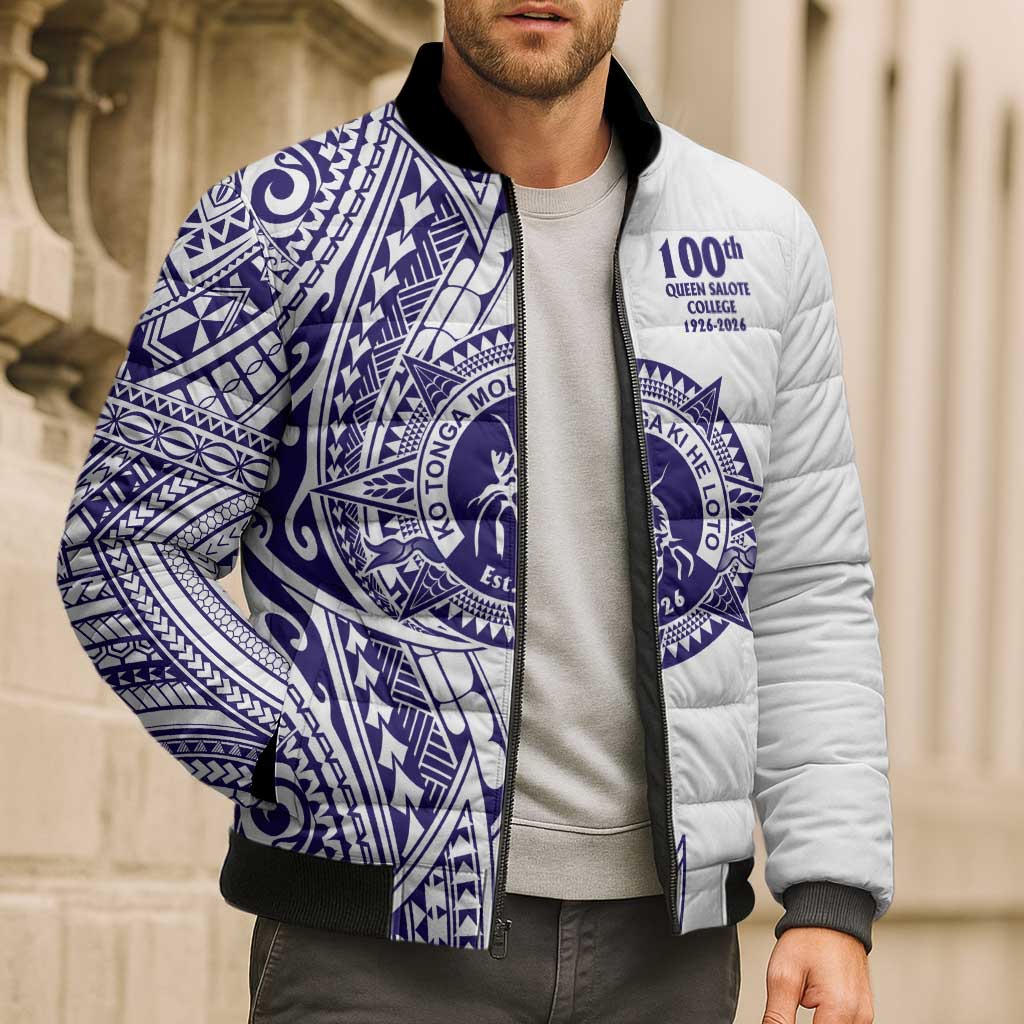 Tonga Queen Salote College 100th Years Bomber Puffer Jacket White Tonga Kupesi Uniquely Pacific Art LT9 - Polynesian Pride