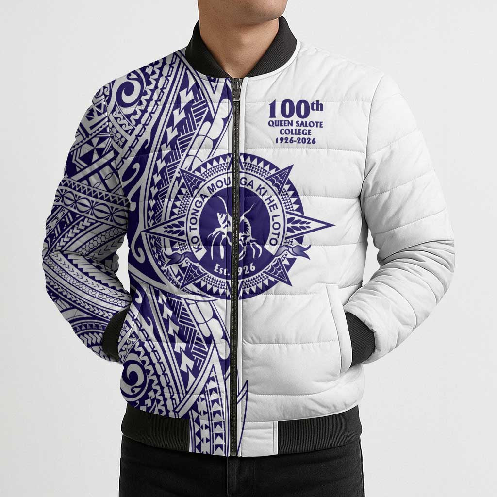 Tonga Queen Salote College 100th Years Bomber Puffer Jacket White Tonga Kupesi Uniquely Pacific Art LT9 - Polynesian Pride