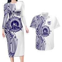 Tonga Queen Salote College 100th Years Couples Matching Long Sleeve Bodycon Dress and Hawaiian Shirt White Tonga Kupesi Uniquely Pacific Art - Polynesian Pride