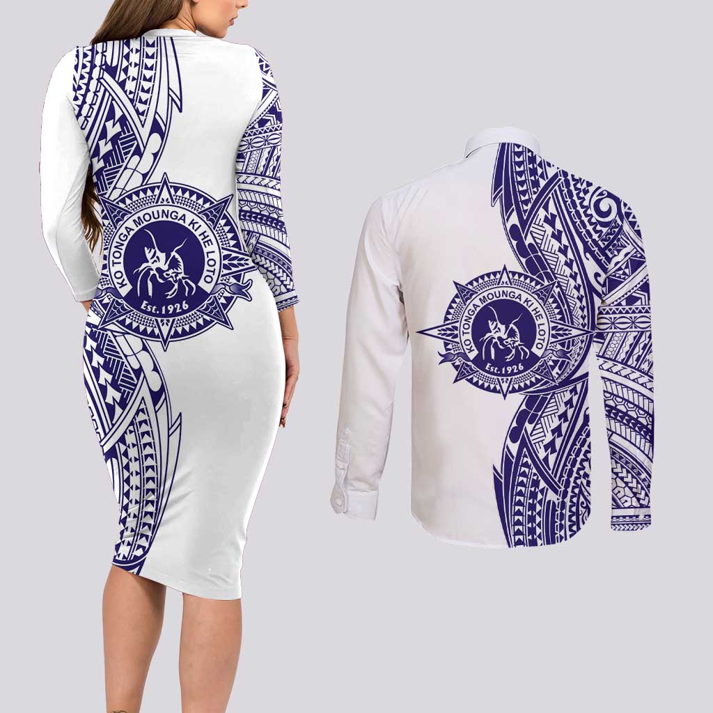Tonga Queen Salote College 100th Years Couples Matching Long Sleeve Bodycon Dress and Long Sleeve Button Shirt White Tonga Kupesi Uniquely Pacific Art LT9 - Polynesian Pride