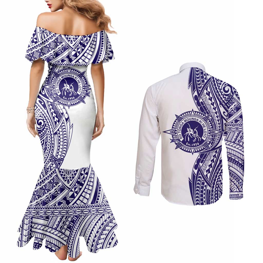 Tonga Queen Salote College 100th Years Couples Matching Mermaid Dress and Long Sleeve Button Shirt White Tonga Kupesi Uniquely Pacific Art LT9 - Polynesian Pride