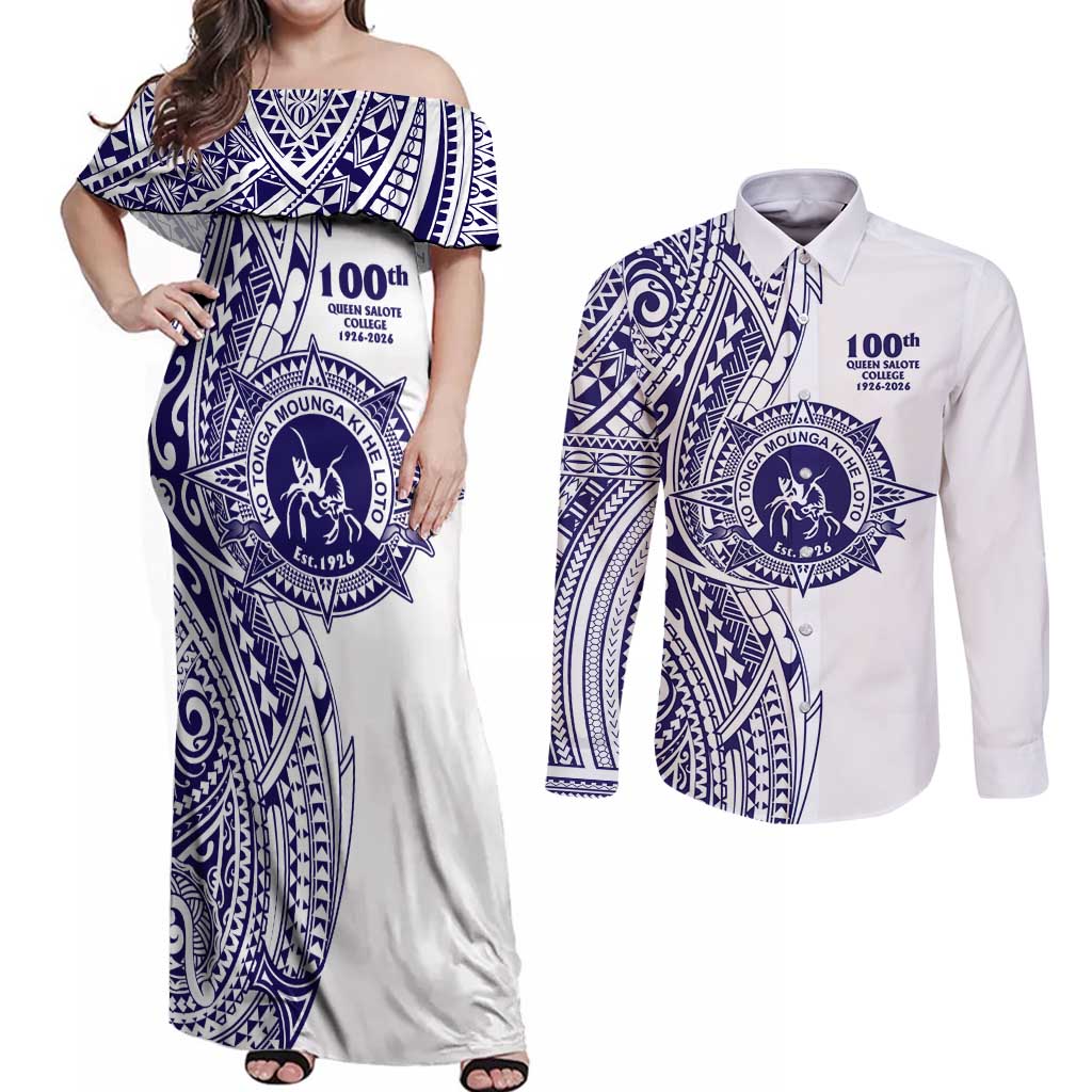 Tonga Queen Salote College 100th Years Couples Matching Off Shoulder Maxi Dress and Long Sleeve Button Shirt White Tonga Kupesi Uniquely Pacific Art LT9 White - Polynesian Pride
