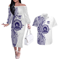 Tonga Queen Salote College 100th Years Couples Matching Off The Shoulder Long Sleeve Dress and Hawaiian Shirt White Tonga Kupesi Uniquely Pacific Art - Polynesian Pride