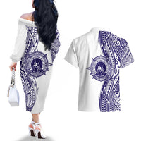 Tonga Queen Salote College 100th Years Couples Matching Off The Shoulder Long Sleeve Dress and Hawaiian Shirt White Tonga Kupesi Uniquely Pacific Art - Polynesian Pride