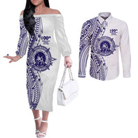 Tonga Queen Salote College 100th Years Couples Matching Off The Shoulder Long Sleeve Dress and Long Sleeve Button Shirt White Tonga Kupesi Uniquely Pacific Art LT9 White - Polynesian Pride