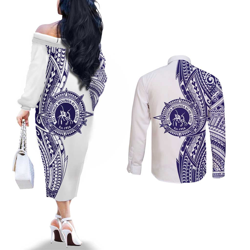 Tonga Queen Salote College 100th Years Couples Matching Off The Shoulder Long Sleeve Dress and Long Sleeve Button Shirt White Tonga Kupesi Uniquely Pacific Art LT9 - Polynesian Pride