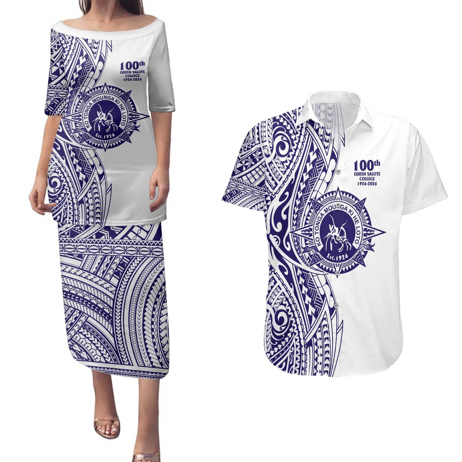 Tonga Queen Salote College 100th Years Couples Matching Puletasi and Hawaiian Shirt White Tonga Kupesi Uniquely Pacific Art - Polynesian Pride