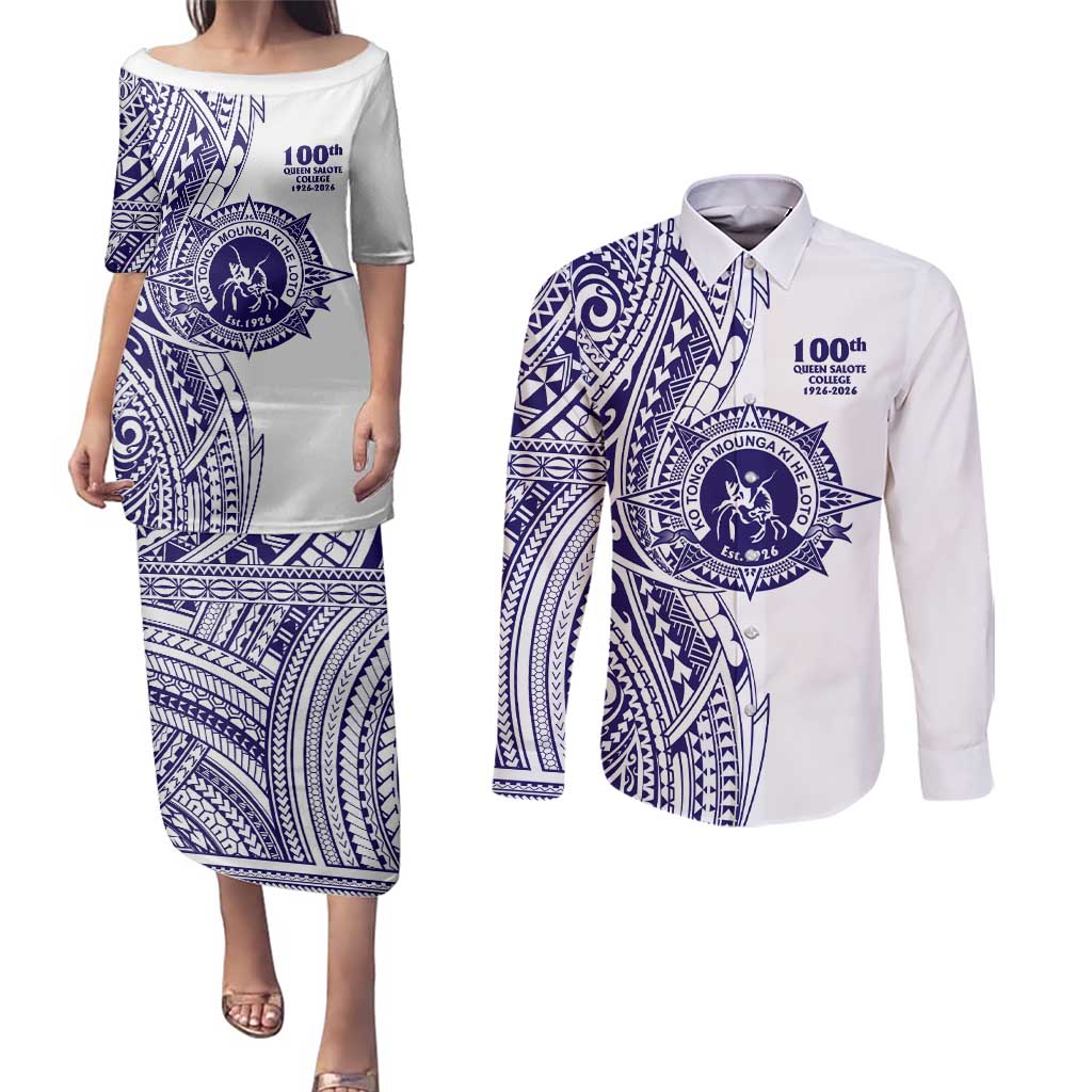 Tonga Queen Salote College 100th Years Couples Matching Puletasi and Long Sleeve Button Shirt White Tonga Kupesi Uniquely Pacific Art LT9 White - Polynesian Pride