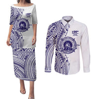 Tonga Queen Salote College 100th Years Couples Matching Puletasi and Long Sleeve Button Shirt White Tonga Kupesi Uniquely Pacific Art LT9 White - Polynesian Pride