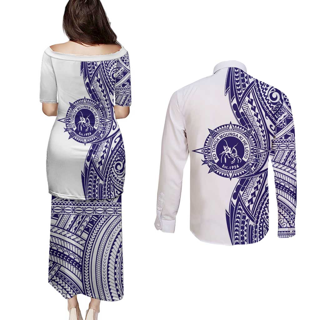 Tonga Queen Salote College 100th Years Couples Matching Puletasi and Long Sleeve Button Shirt White Tonga Kupesi Uniquely Pacific Art LT9 - Polynesian Pride