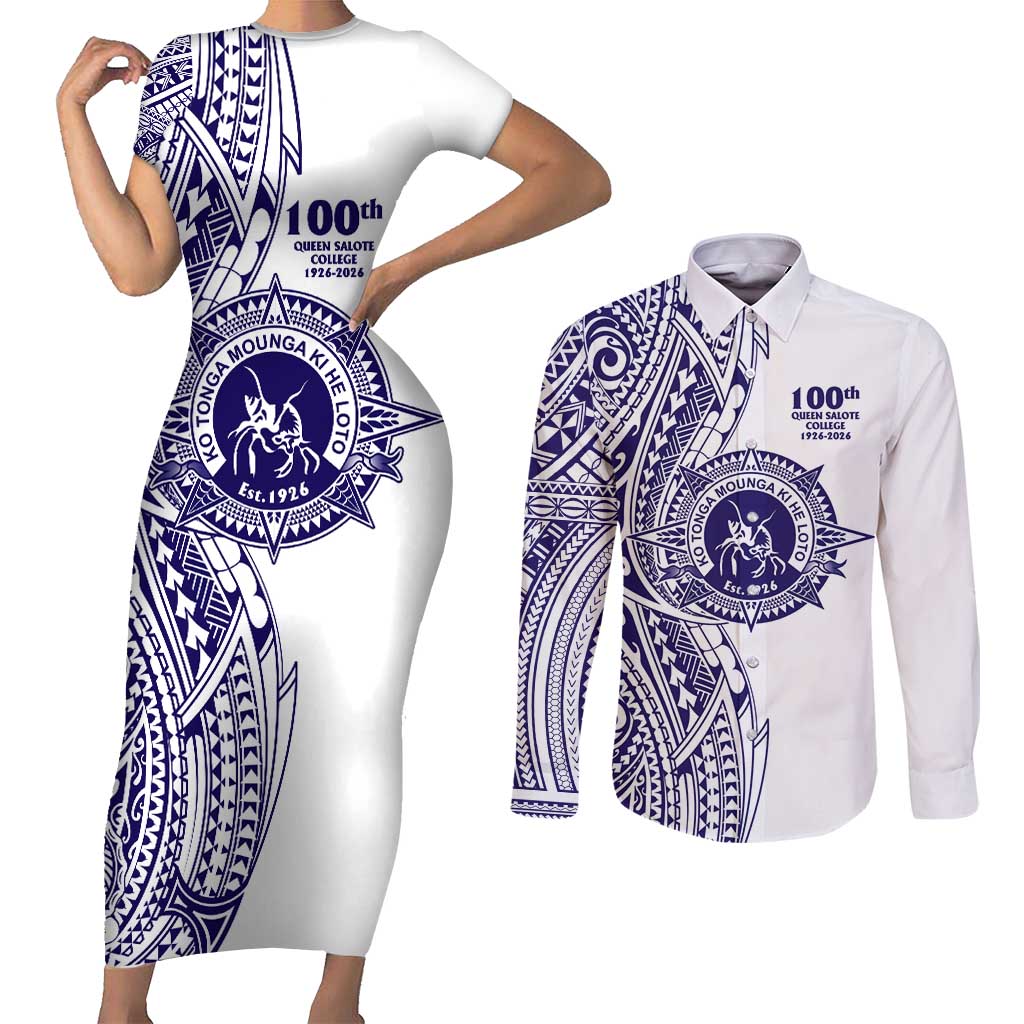 Tonga Queen Salote College 100th Years Couples Matching Short Sleeve Bodycon Dress and Long Sleeve Button Shirt White Tonga Kupesi Uniquely Pacific Art - Polynesian Pride