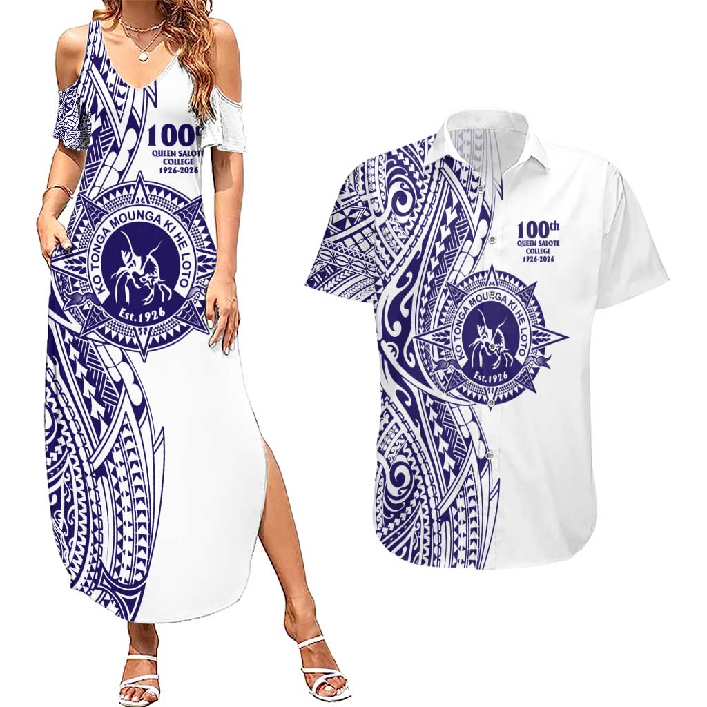Tonga Queen Salote College 100th Years Couples Matching Summer Maxi Dress and Hawaiian Shirt White Tonga Kupesi Uniquely Pacific Art - Polynesian Pride