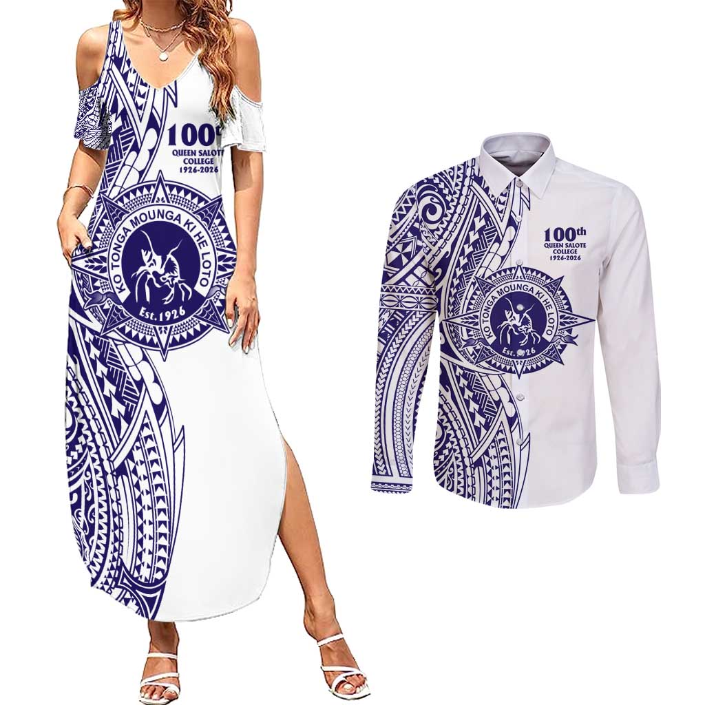 Tonga Queen Salote College 100th Years Couples Matching Summer Maxi Dress and Long Sleeve Button Shirt White Tonga Kupesi Uniquely Pacific Art - Polynesian Pride