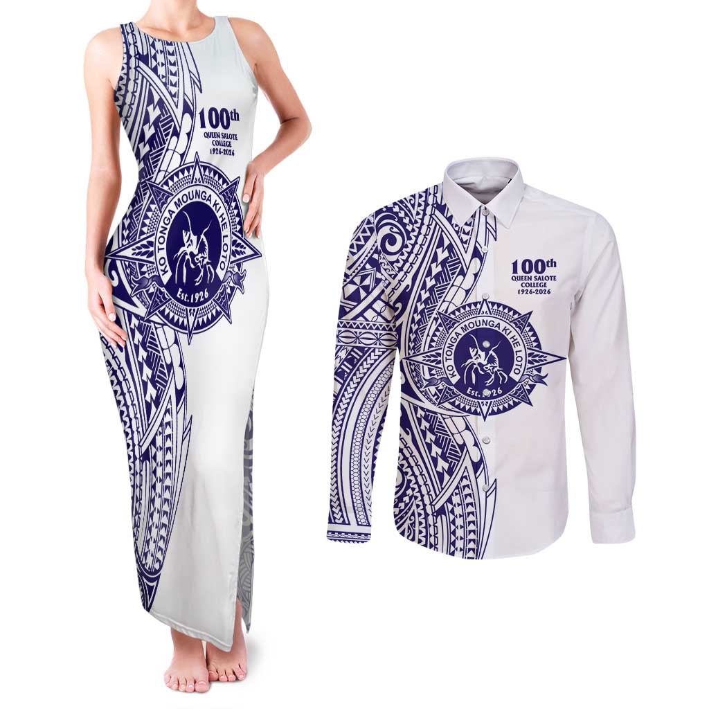 Tonga Queen Salote College 100th Years Couples Matching Tank Maxi Dress and Long Sleeve Button Shirt White Tonga Kupesi Uniquely Pacific Art LT9 White - Polynesian Pride